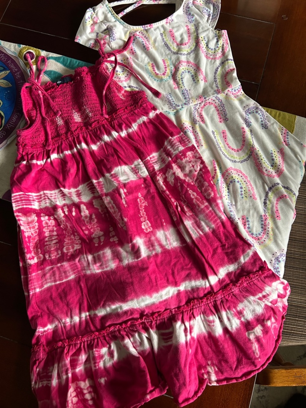 2 Girls' Pink Tie-Dye Sundress and Cream Rainbow 🌈 - Casual Summer Dress